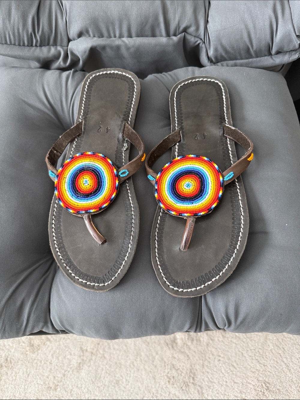 Beaded Rainbow Circle Brown Leather Thong Sandals